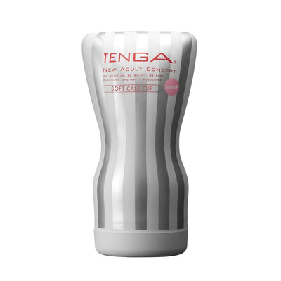 Tenga Soft Case Cup Gentle in white and gray striped packaging with red and pink text, sleek curved design.