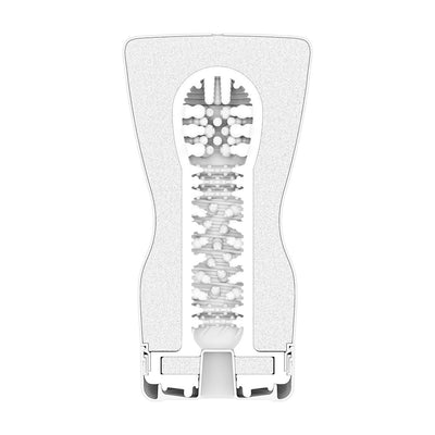 Cross-section view of Tenga Soft Case Cup Gentle showing textured internal sleeve and outer casing design.