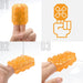 Orange textured Tenga Uni Amethyst sleeve shown on fingers with lubricant application and usage illustration.