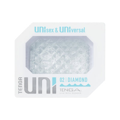 Tenga Uni Diamond unisex pleasure product in white packaging with diamond-patterned clear sleeve visible through window.