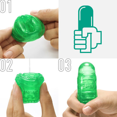 Step-by-step demonstration of using the green Tenga Uni Diamond sleeve with hands and lubricant application.