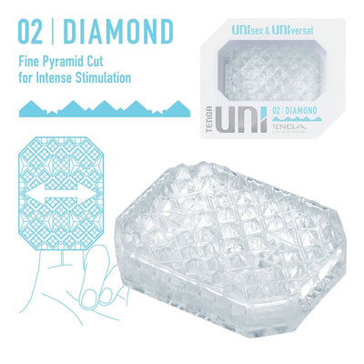 Tenga Uni Diamond clear textured sleeve with fine pyramid cut pattern for versatile stimulation and packaging shown.
