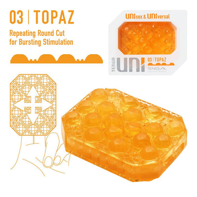 Tenga Uni 03 Topaz textured orange silicone sleeve with repeating round cut pattern for versatile stimulation.