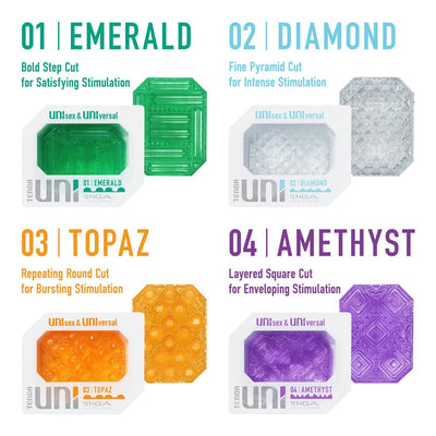 Tenga Uni Variety Pack showing four textured sleeves in green, clear, orange, and purple with unique stimulation patterns.