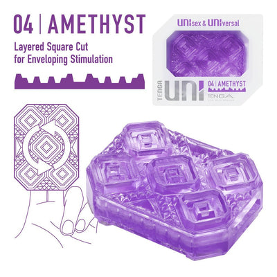 Purple Tenga Uni Amethyst sleeve with layered square cut texture for enveloping stimulation shown with packaging and usage illustration.