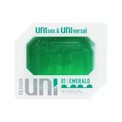 Tenga Uni Emerald sleeve in green with textured interior, packaged in white box labeled unisex and universal.