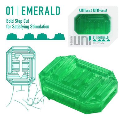 Tenga Uni Emerald sleeve in green with bold step cut texture for satisfying stimulation shown with packaging and usage illustration.