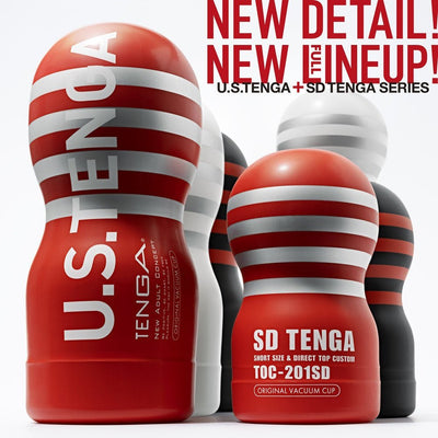 Collection of Tenga U.S. Original Vacuum Cups and SD Tenga series in red, black, and white packaging with bold stripes.