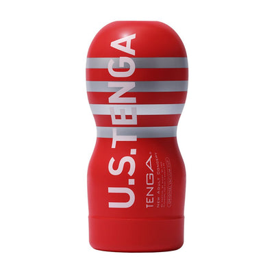 Red and silver striped Tenga U.S. Original Vacuum Cup with bold white lettering on a white background.