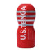 Red and silver striped Tenga U.S. Original Vacuum Cup with bold white lettering on a white background.