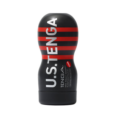 Black and red striped Tenga U.S. Original Vacuum Cup Strong with bold white lettering on a white background.