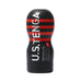 Black and red striped Tenga U.S. Original Vacuum Cup Strong with bold white lettering on a white background.