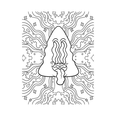 Black and white trippy coloring page featuring a melting triangle character with wavy eyes and tongue, surrounded by abstract patterns.