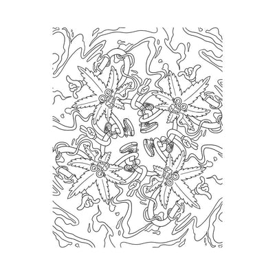 Black and white trippy coloring page featuring four animated smiling leaf characters with arms, legs, and sneakers in a swirling abstract background.