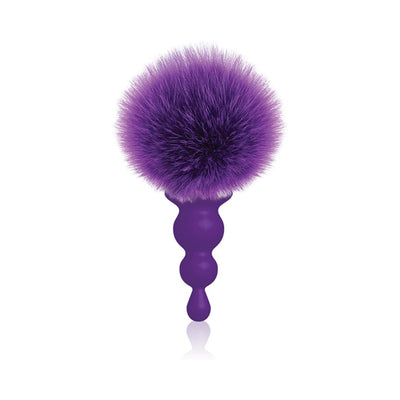 Purple silicone beaded butt plug with a soft, fluffy bunny tail attachment.