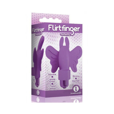 Purple butterfly-shaped silicone finger vibrator in retail packaging highlighting waterproof and discreet features.