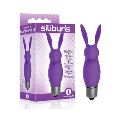 Purple silicone Silibuns Bunny Bullet Vibrator with waterproof and one-touch control features next to its packaging box.