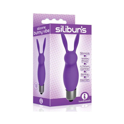 Purple Silibuns Bunny Bullet Vibrator in packaging highlighting silicone, waterproof, one-touch control, and discreet features.