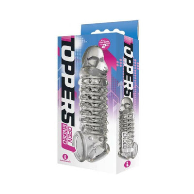 Packaging of The 9's Toppers open-ended, ribbed, and nubbed clear penis extender sleeve.