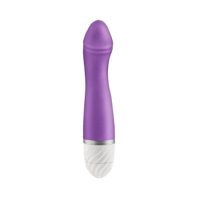 Purple curved G-spot vibrator with white textured base and smooth silicone finish.