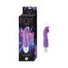 Purple curved G-spot vibrator with white base next to its black and colorful packaging box.