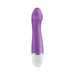 Purple curved G-spot vibrator with white textured base and smooth silicone finish.