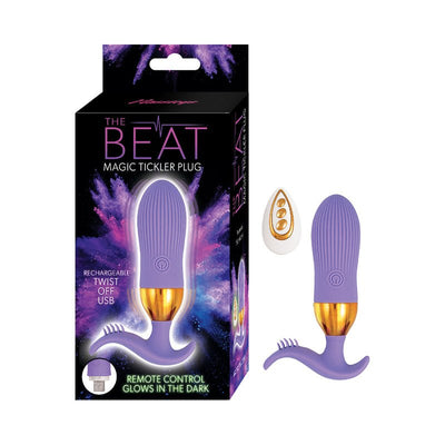 Purple rechargeable Beat Magic Tickler Plug with gold accents and glow-in-the-dark remote control shown with packaging.