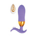 Purple ribbed silicone tickler plug with gold accent and white remote control with gold buttons.