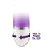 Close-up of the purple vibrator’s white textured base with twist-to-power on/off feature indicated by an arrow.
