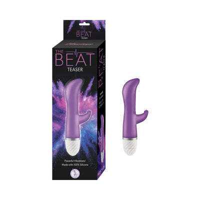 Purple curved vibrator with clitoral stimulator next to its black and colorful packaging box.