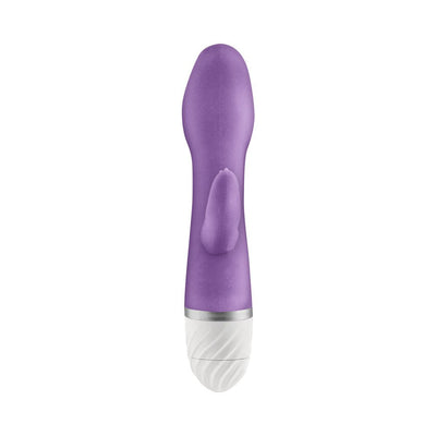 Purple curved vibrator with clitoral stimulator and white textured base on white background.