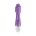 Purple curved vibrator with clitoral stimulator and white textured base on white background.