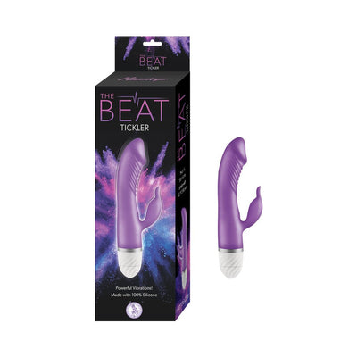 Purple curved vibrator with clitoral stimulator and white base next to its black and purple packaging box.