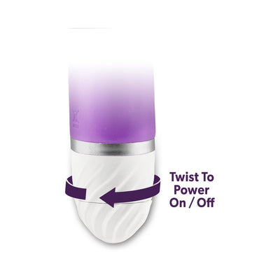 Close-up of the purple vibrator's white textured base with twist-to-power on/off feature indicated by an arrow.