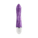 Purple curved vibrator with clitoral tickler and white textured base, made of smooth silicone.