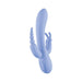 Violet multifunctional silicone massager with curved shaft, beaded stimulator, and bunny-shaped clitoral stimulator.