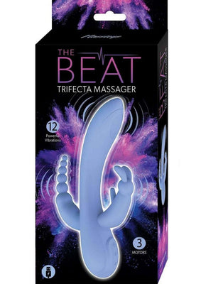 Packaging of The Beat Trifecta Massager in violet, highlighting 12 vibration modes and three motors with a sleek, curved design.