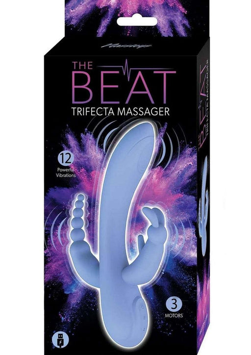 Packaging of The Beat Trifecta Massager in violet, highlighting 12 vibration modes and three motors with a sleek, curved design.