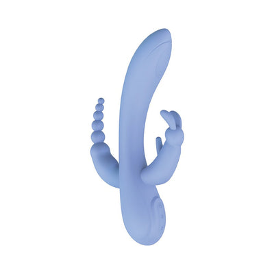 Violet triple-stimulator massager with curved shaft, beaded attachment, and bunny-shaped clitoral stimulator in smooth silicone.