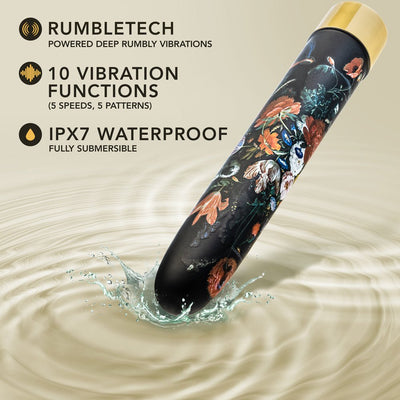 Floral-patterned rechargeable vibrator with waterproof design and 10 vibration functions shown with water splash effect.