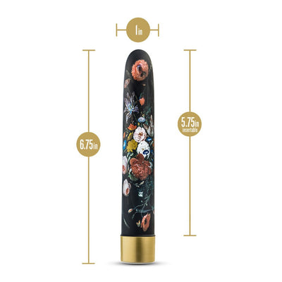 Slim 6.75-inch rechargeable vibrator with floral design and gold base, 1-inch diameter, 5.75-inch insertable length.