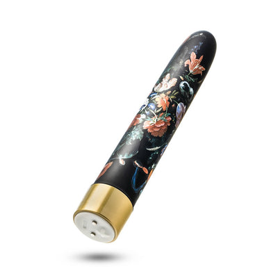 Slim 7-inch rechargeable vibrator with floral design and gold base, featuring smooth rounded tip and discreet controls.