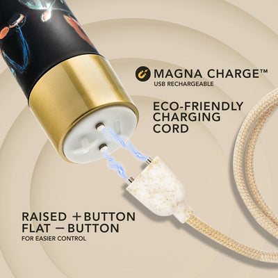 Close-up of The Collection Bountiful vibrator showing eco-friendly Magna Charge USB rechargeable cord and raised plus button design.