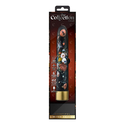 The Collection Bountiful Limited Edition 7-inch vibrator with floral design and gold base in retail packaging.