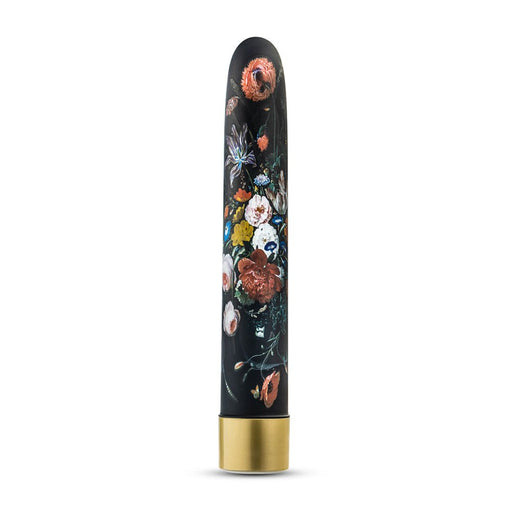 Slim 7-inch rechargeable vibrator with floral design on black background and gold base.