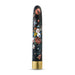Slim 7-inch rechargeable vibrator with floral design on black background and gold base.