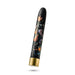 Slim black 7-inch vibrator with floral design and gold base, rechargeable and waterproof.