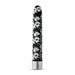 Black slimline vibrator with white floral and snake pattern and silver base, standing upright on white background.