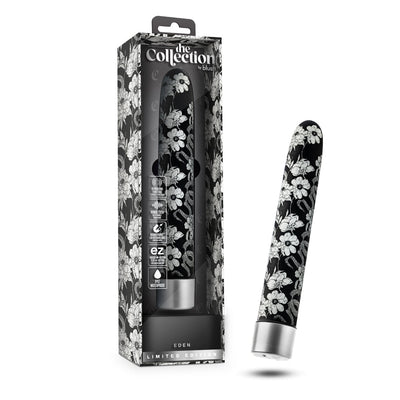 Black 7-inch slim vibrator with white floral pattern and silver base, shown in matching decorative packaging.