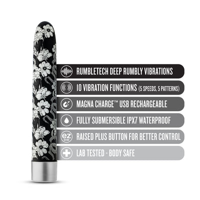 Black 7-inch slim vibrator with white floral design and silver base, highlighting features like rechargeable, waterproof, and multiple vibration settings.